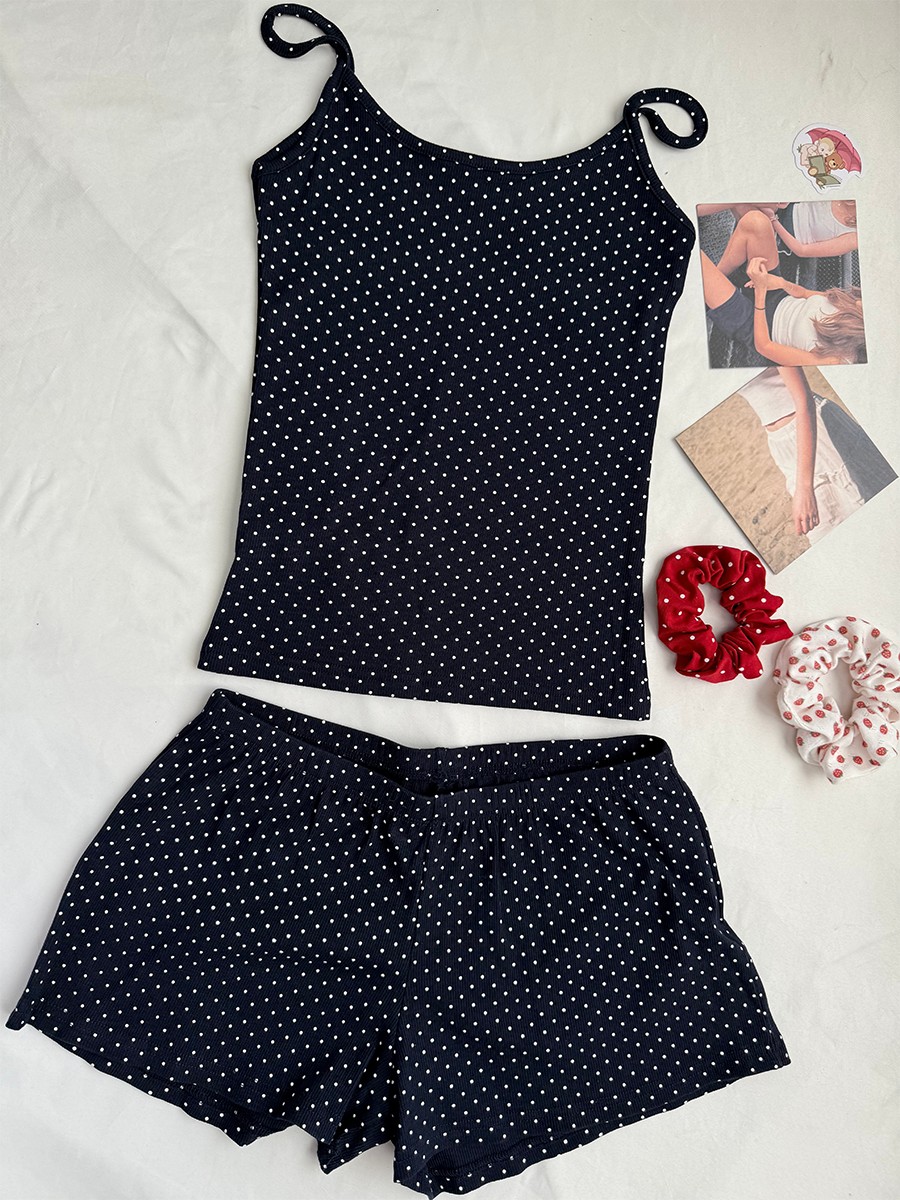 Navy Dot Ribbed Shorts Sets Wo - Tank Top Ribbed 评论和价格